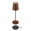 SLV LED Akku-Tischleuchte VINOLINA TWO, IP65, Ø 11cm, konisch, 2W 2200-3000K (CCT Switch) 190m, Touch-Dimmer + Ladestation, rost